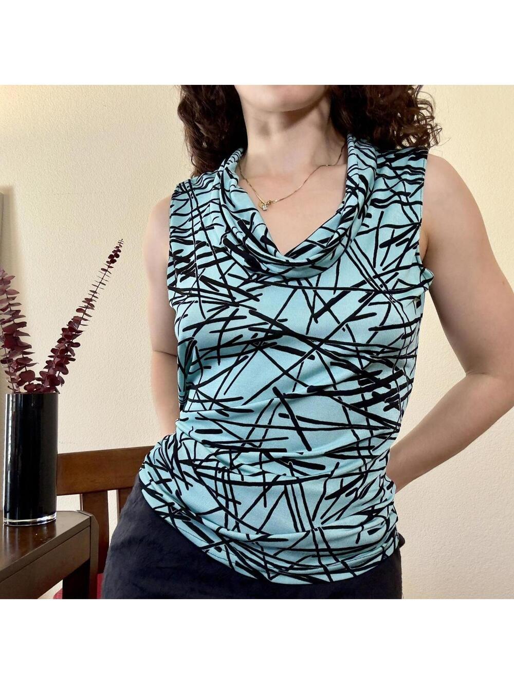 Vintage Cowl Neck Blue Geometric Print Tank Top by Carol Rose